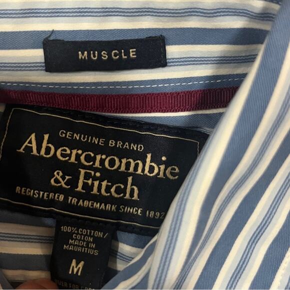 Abercrombie & Fitch Muscle Long Sleeve Button Down Shirt Blue White Stripes Med - Picture 6 of 7